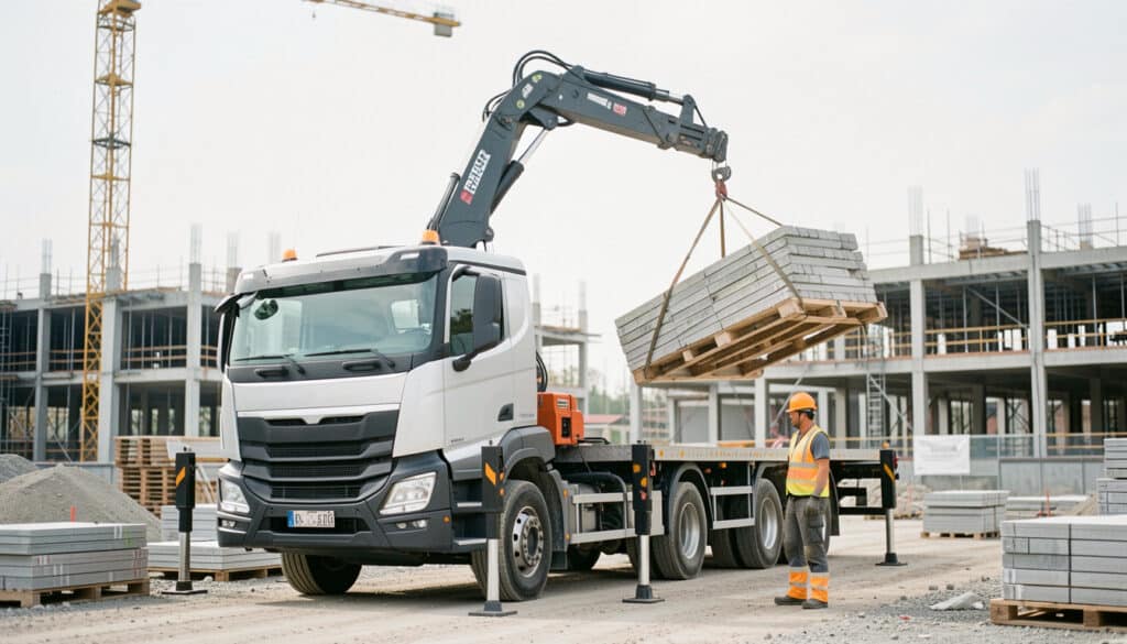 Location de camion avec bras de levage sur chantier